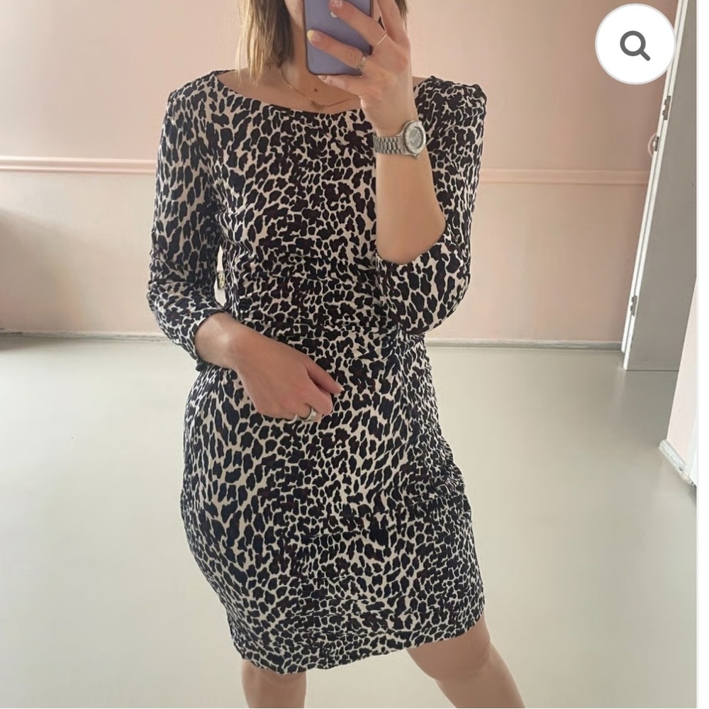 Tory Burch Ruched Black, Brown, Navy, White Animal Print Long Sleeve Dress